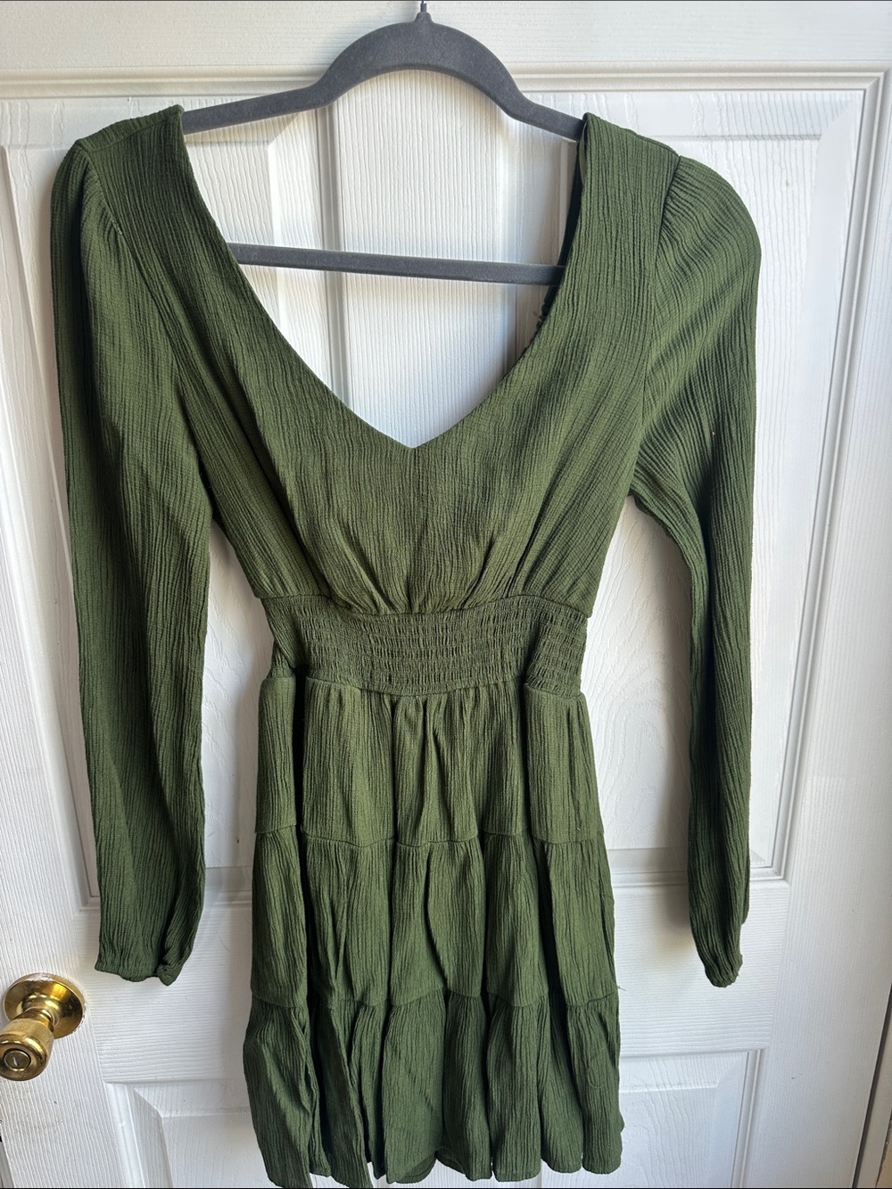 City Studio Olive Green V-Neck Tiered Long Sleeve Dress